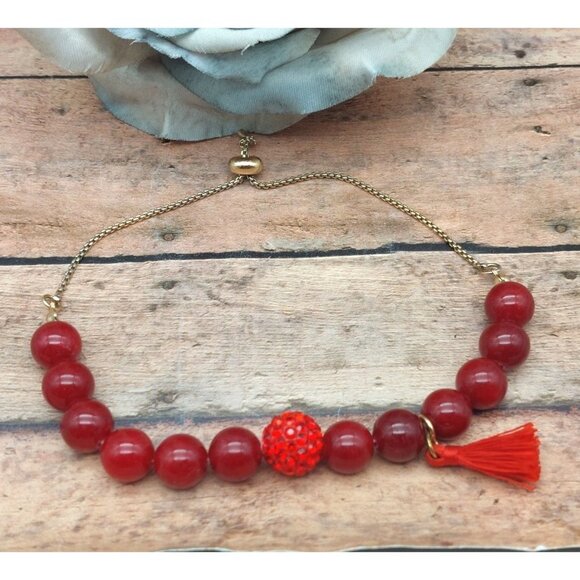 One Size Red Glass Bead & Gold Tone Slide Bracelet Tassel Shamballa MINT - Picture 11 of 11